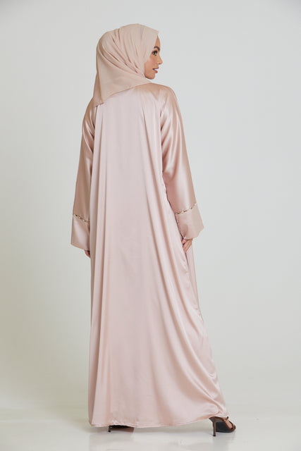 Three Piece Satin Wrap Embellished Open Abaya Set - Nude Blush