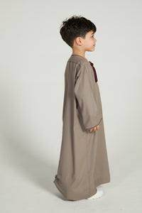 Junior Boys Premium Omani Thobe - Taupe with Maroon Embroidery