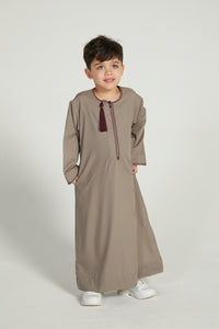 Junior Boys Premium Omani Thobe - Taupe with Maroon Embroidery