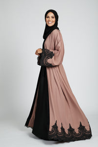 Spanish Tan Open Abaya with Black lace