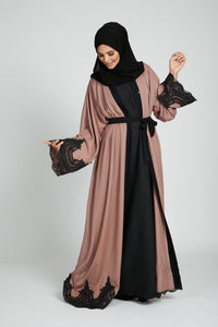 Spanish Tan Open Abaya with Black lace