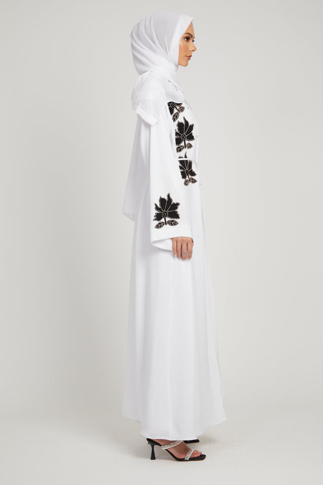 Classic White Open Abaya with Black Floral Lotus