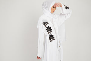 Classic White Open Abaya with Black Floral Lotus
