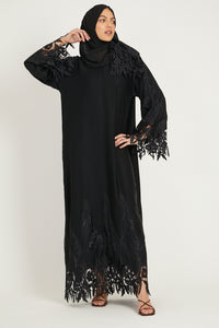 Luxury Wisteria Lace Closed Abaya - Black