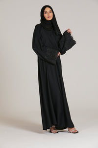 Black Closed Abaya with Embellished Floral Cuff