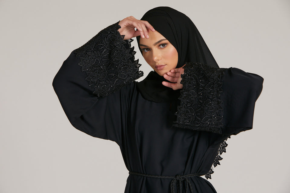 Black Closed Abaya with Embellished Floral Cuff