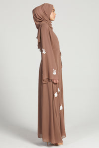 Premium Dusky Taupe Floral Embellished Open Abaya