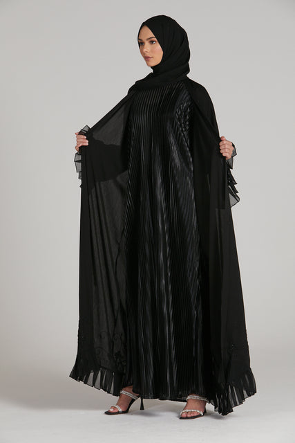 Pleated Satin Inner Slip Dress - Black - Slim Fit