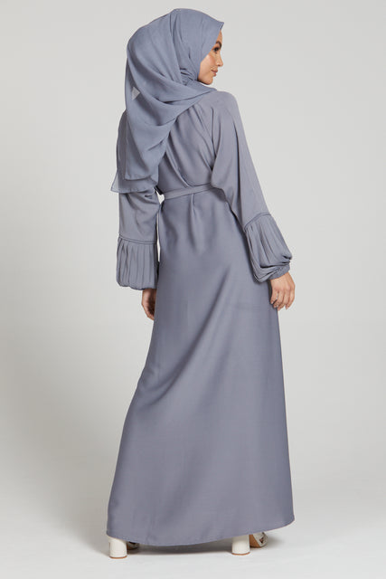 Premium Textured Closed Abaya with Pleated Cuffs - Grey