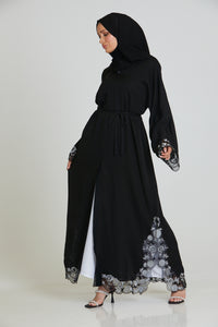 Open Abaya with Silver Organza Floral Lace Hem and Cuffs
