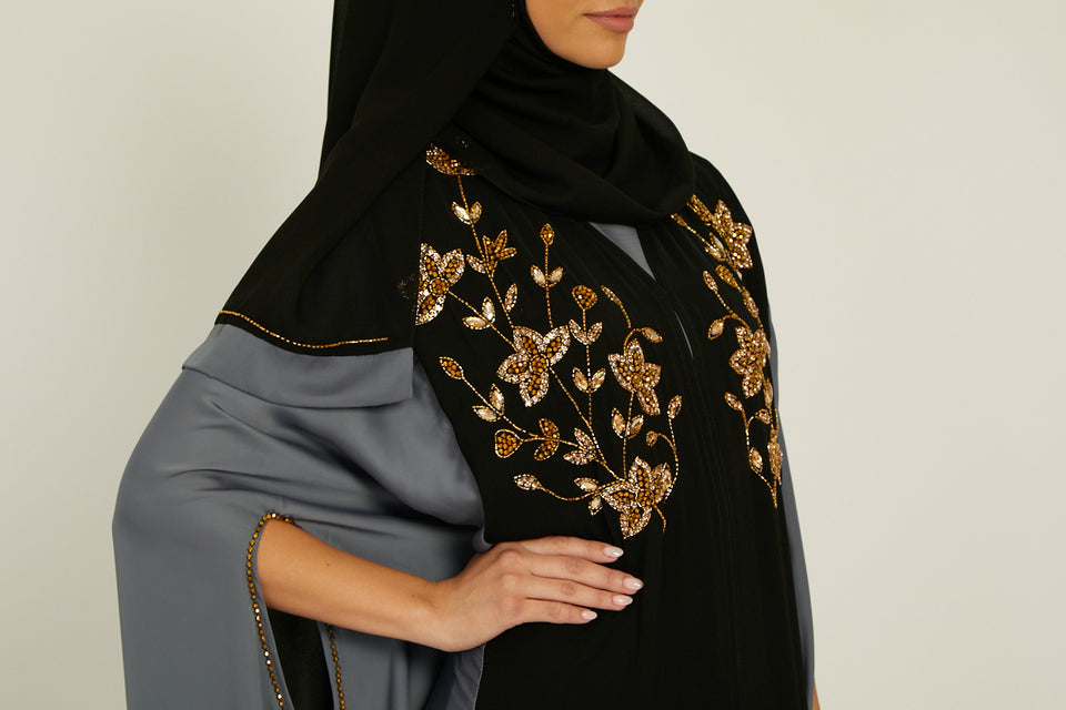 Luxury Black and Charcoal Cape With Gold Embellishments