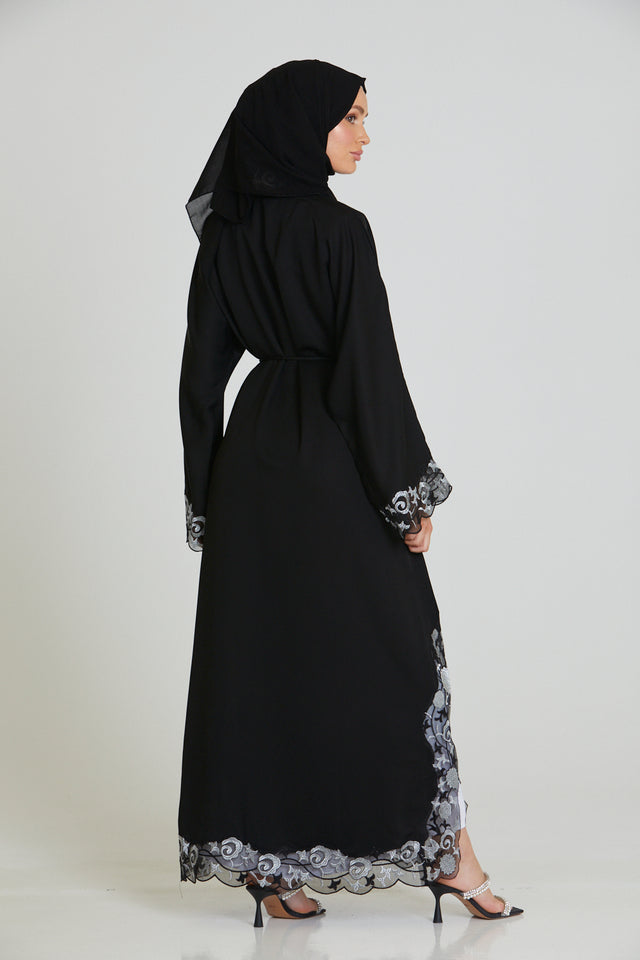 Open Abaya with Silver Organza Floral Lace Hem and Cuffs