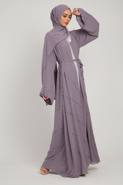 Royal Lilac Grey Embellished Open Abaya