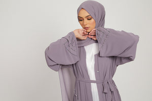 Royal Lilac Grey Embellished Open Abaya
