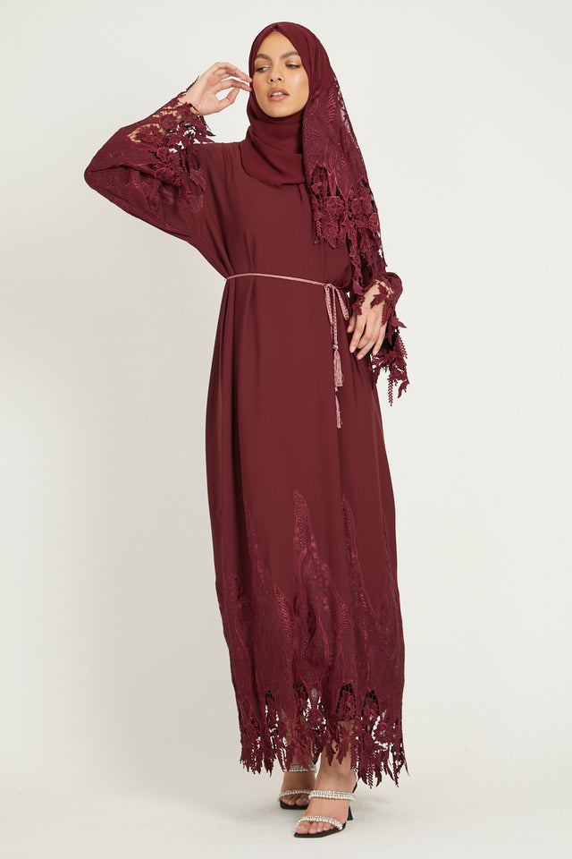 Luxury Wisteria Lace Closed Abaya - Deep Maroon