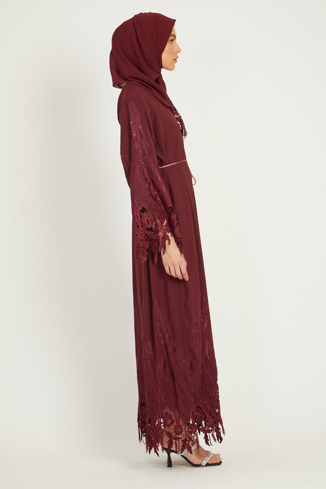 Luxury Wisteria Lace Closed Abaya - Deep Maroon