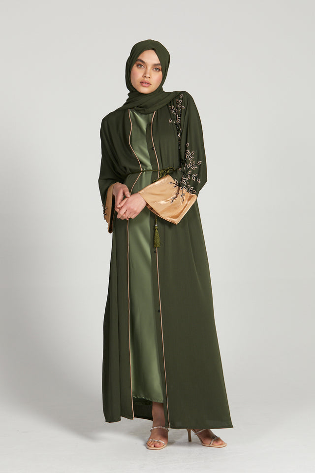 Forest Green Embellished Open Abaya with Gold Cuffs