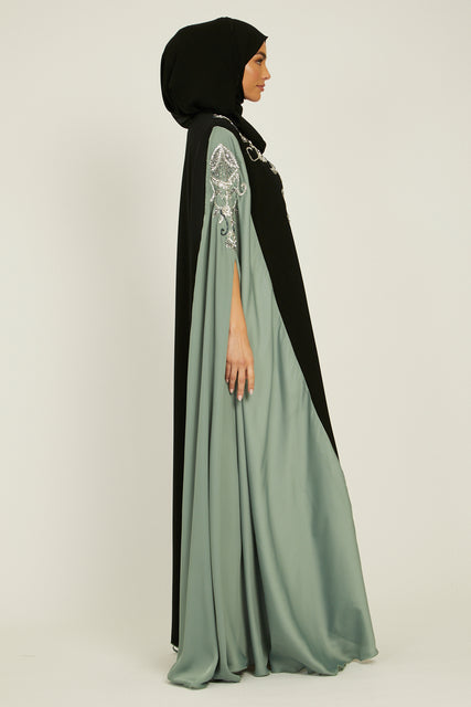 Luxury Black and Sage Cape With Silver Embellishments