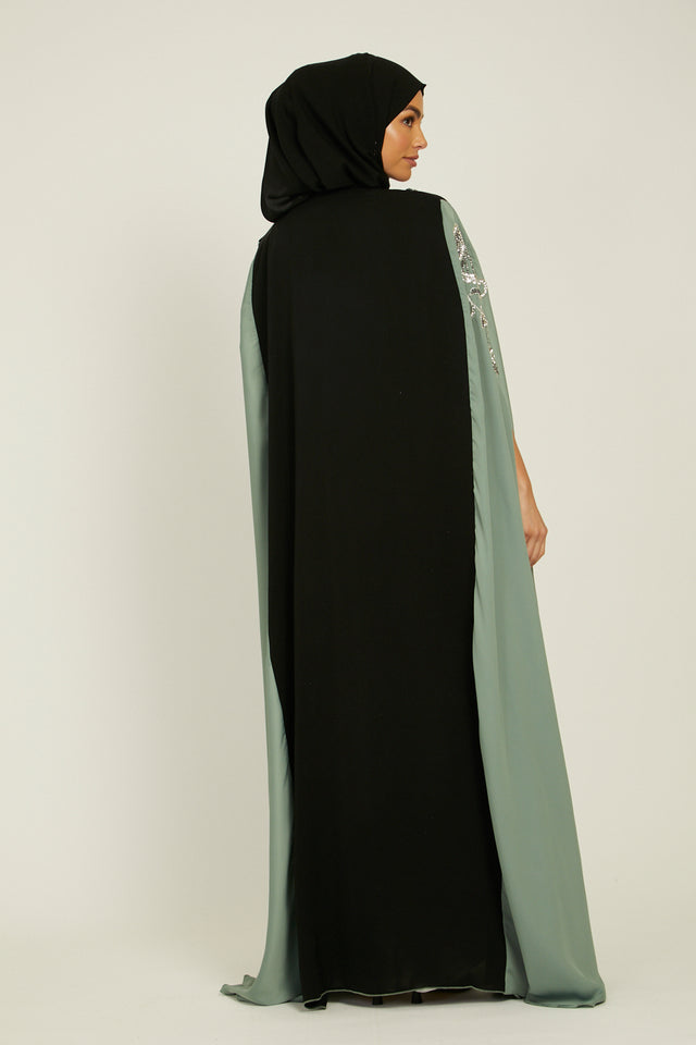 Luxury Black and Sage Cape With Silver Embellishments