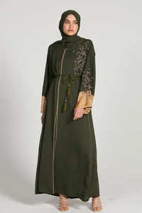 Forest Green Embellished Open Abaya with Gold Cuffs