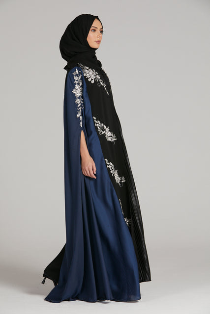 Luxury Black and Navy Cape With Silver Embellishments