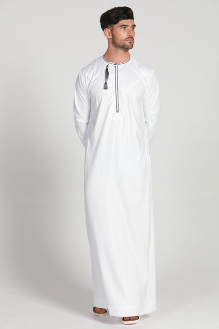 Omani Thobe - White with Olive Grey Embroidery