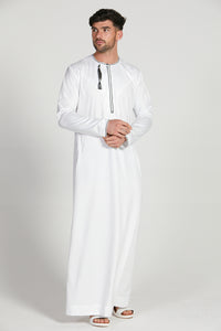 Premium Omani Thobe - White with Olive Grey Embroidery