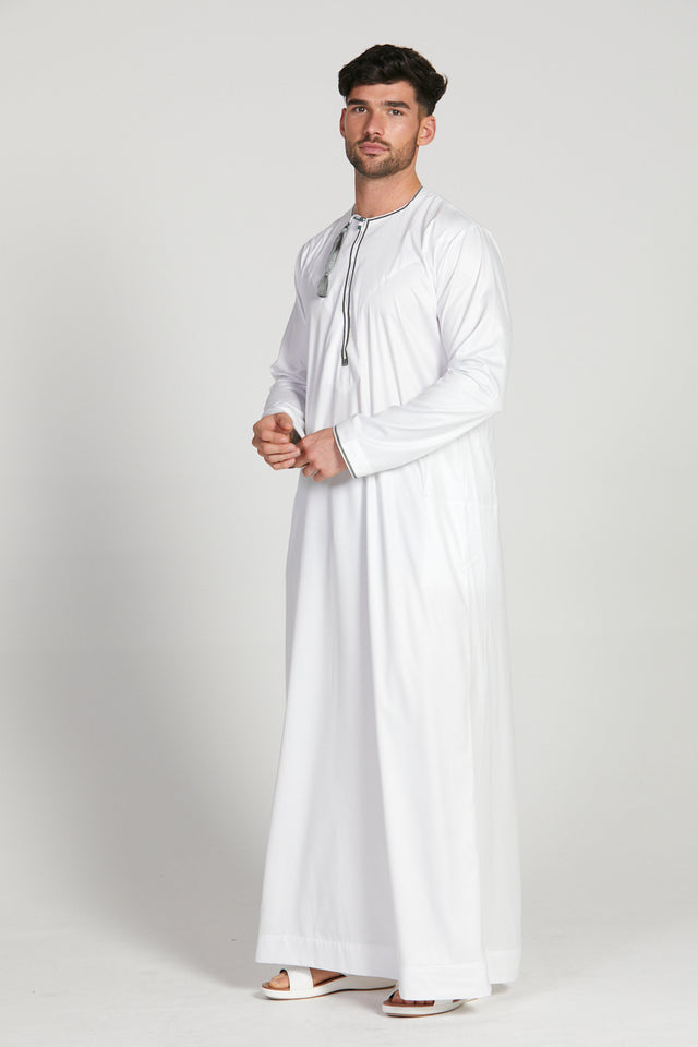 Omani Thobe - White with Olive Grey Embroidery
