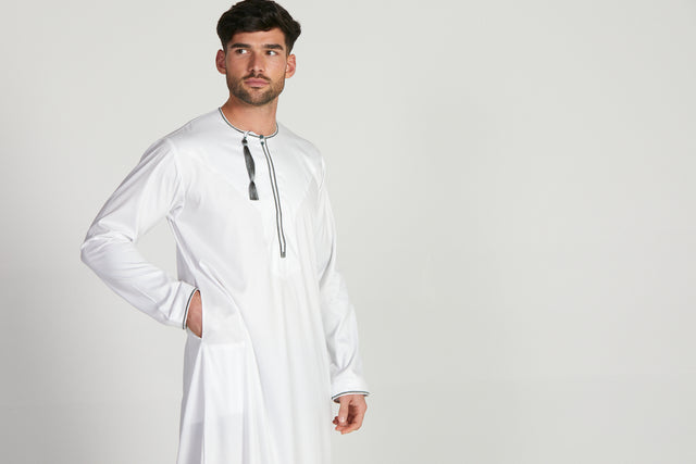 Premium Omani Thobe - White with Olive Grey Embroidery