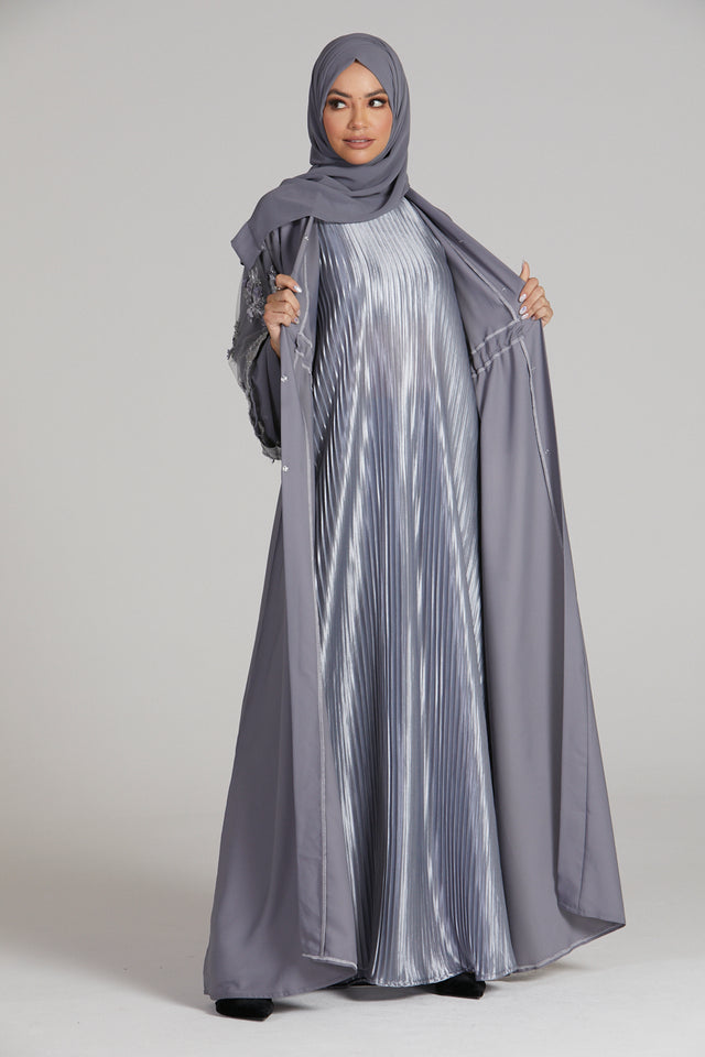 Pleated Satin Inner Slip Dress - Silver - Slim Fit