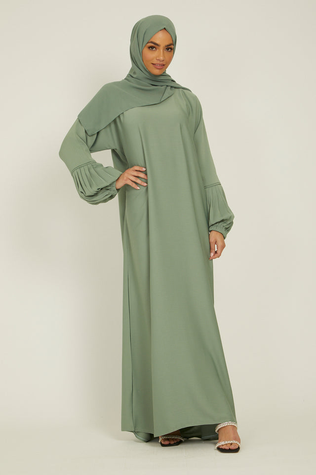 Premium Textured Closed Abaya with Pleated Cuffs - Sage