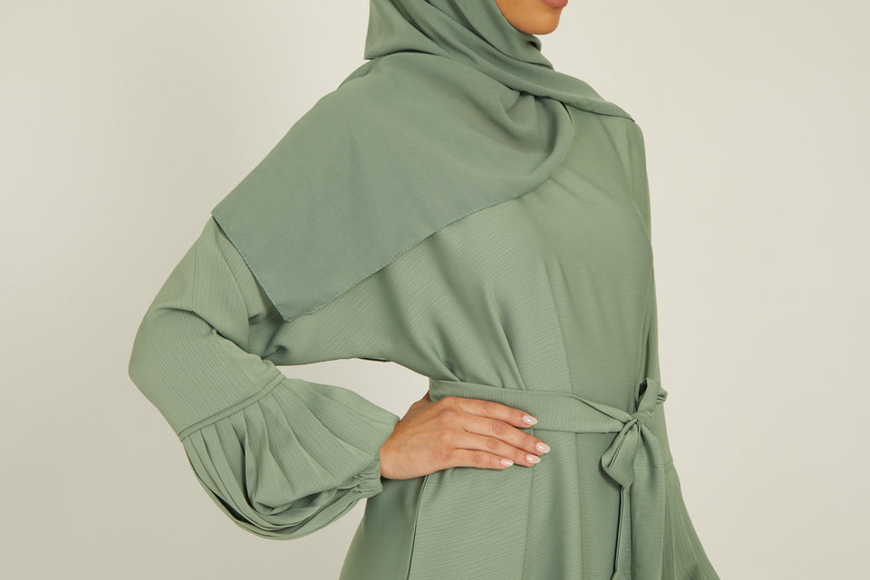 Premium Textured Closed Abaya with Pleated Cuffs - Sage