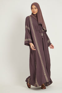Four Piece Embroidered Open Abaya Set - Mauve