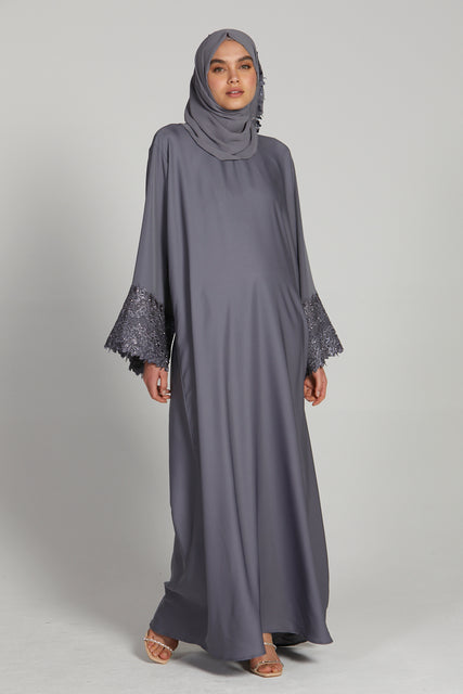 Silver Grey Closed Abaya with Embellished Lace Cuff