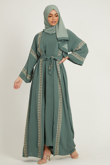 Four Piece Embroidered Open Abaya Set - Sage