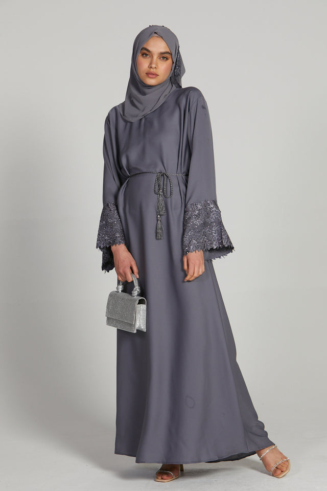 Silver Grey Closed Abaya with Embellished Lace Cuff