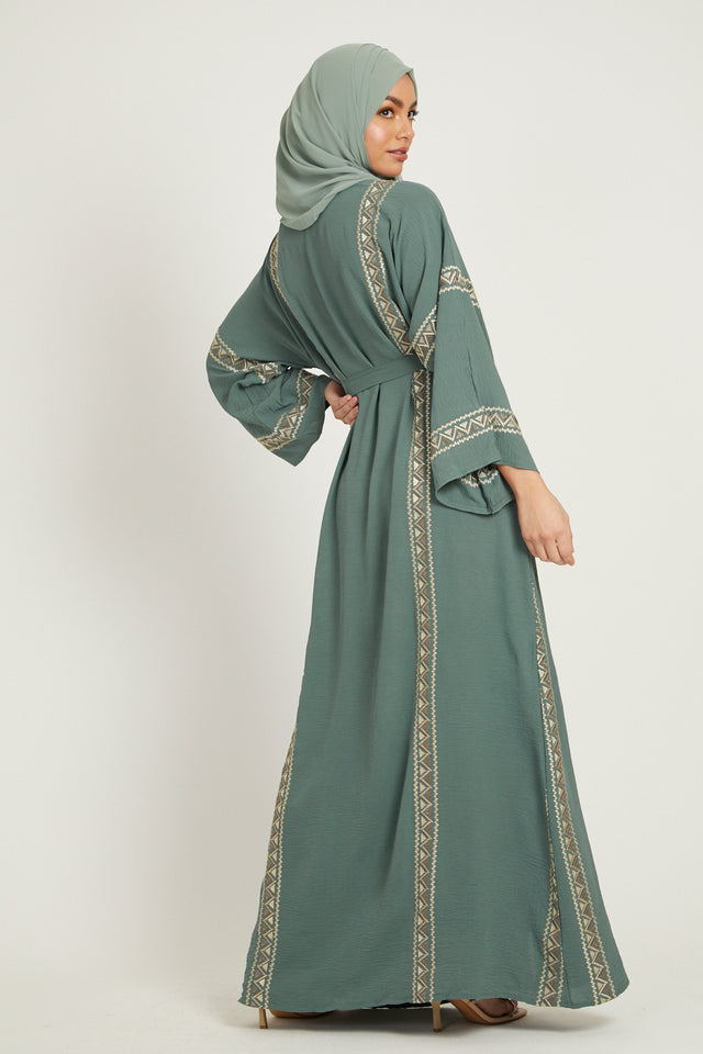 Four Piece Embroidered Open Abaya Set - Sage