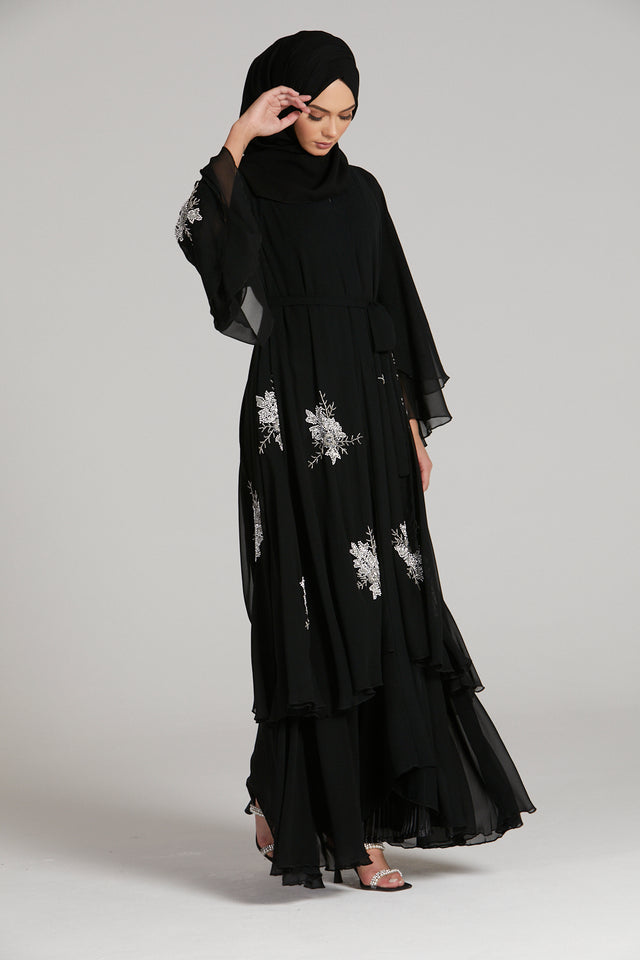 Luxury Chiffon Embellished Layered Open Abaya - Royal Black