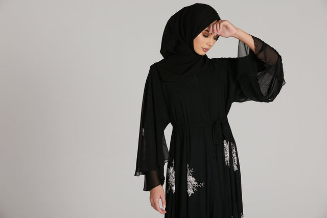Luxury Chiffon Embellished Layered Open Abaya - Royal Black