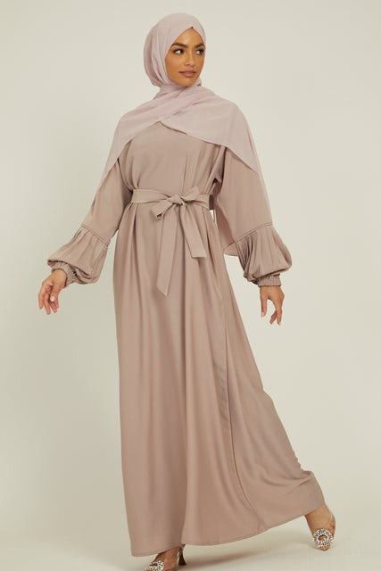 Premium Textured Closed Abaya with Pleated Cuffs - Light Mink