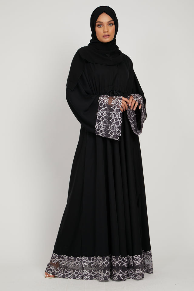 Black Umbrella Cut Closed Abaya with Floral Lace Hem