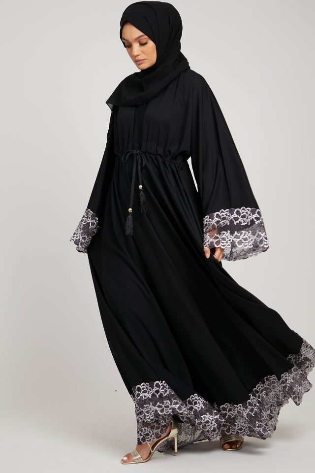 Black Umbrella Cut Closed Abaya with Floral Lace Hem