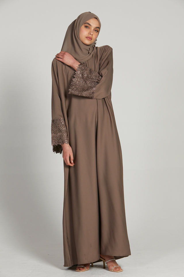 Mocha Closed Abaya with Embellished Lace Cuff