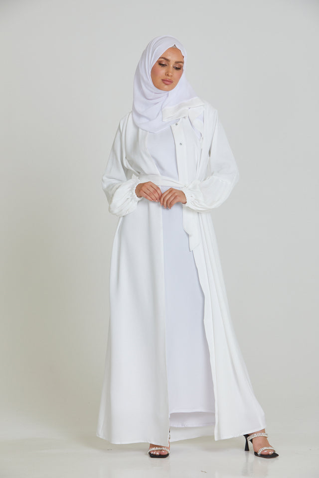 Premium Textured Open Abaya with Pleated Cuffs - White