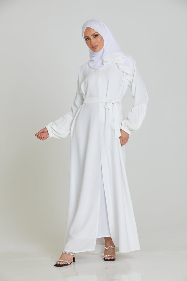 Premium Textured Open Abaya with Pleated Cuffs - White