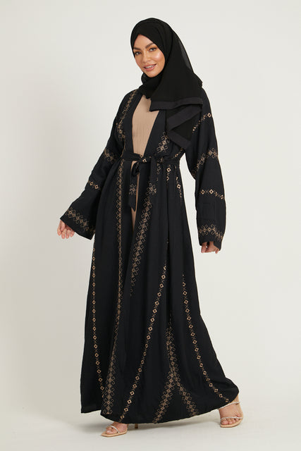 Four Piece Embroidered Open Abaya Set - Black