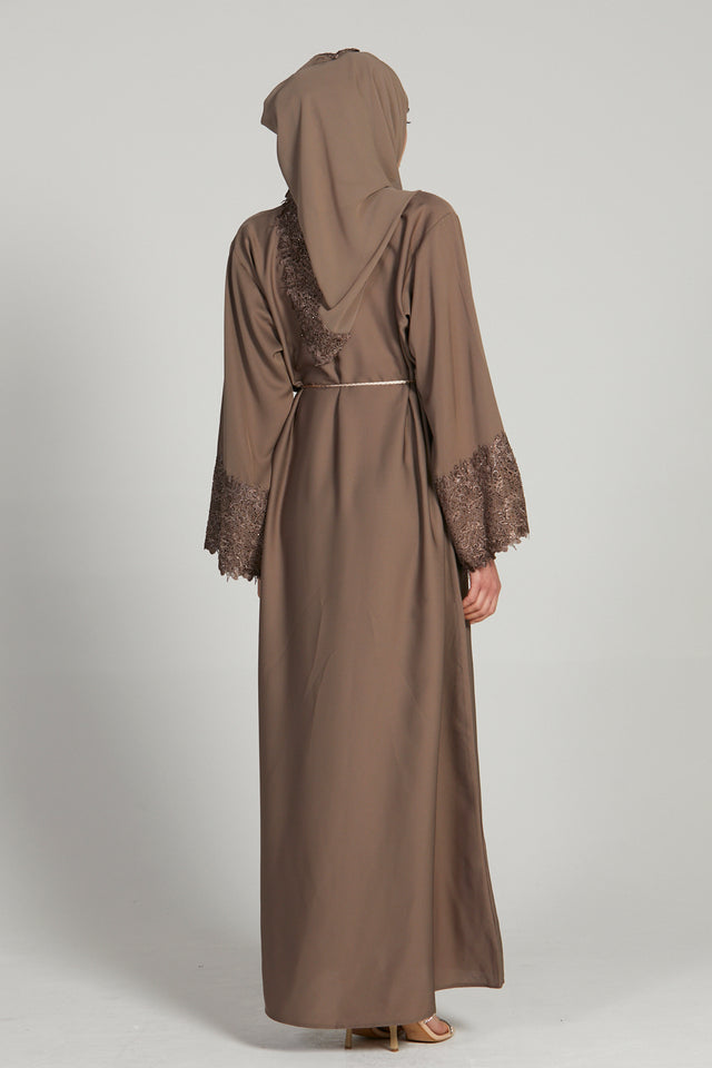 Mocha Closed Abaya with Embellished Lace Cuff