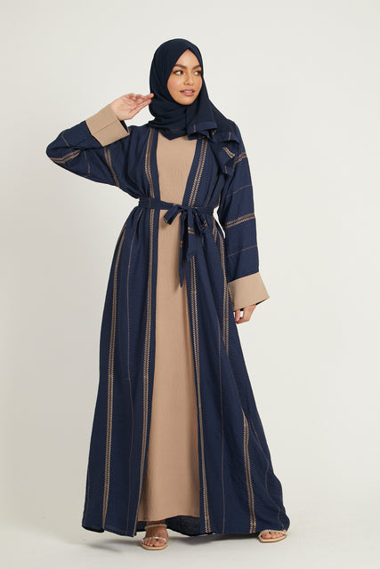Four Piece Embroidered Open Abaya Set - Navy