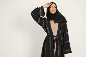 Four Piece Embroidered Open Abaya Set - Black