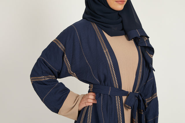 Four Piece Embroidered Open Abaya Set - Navy